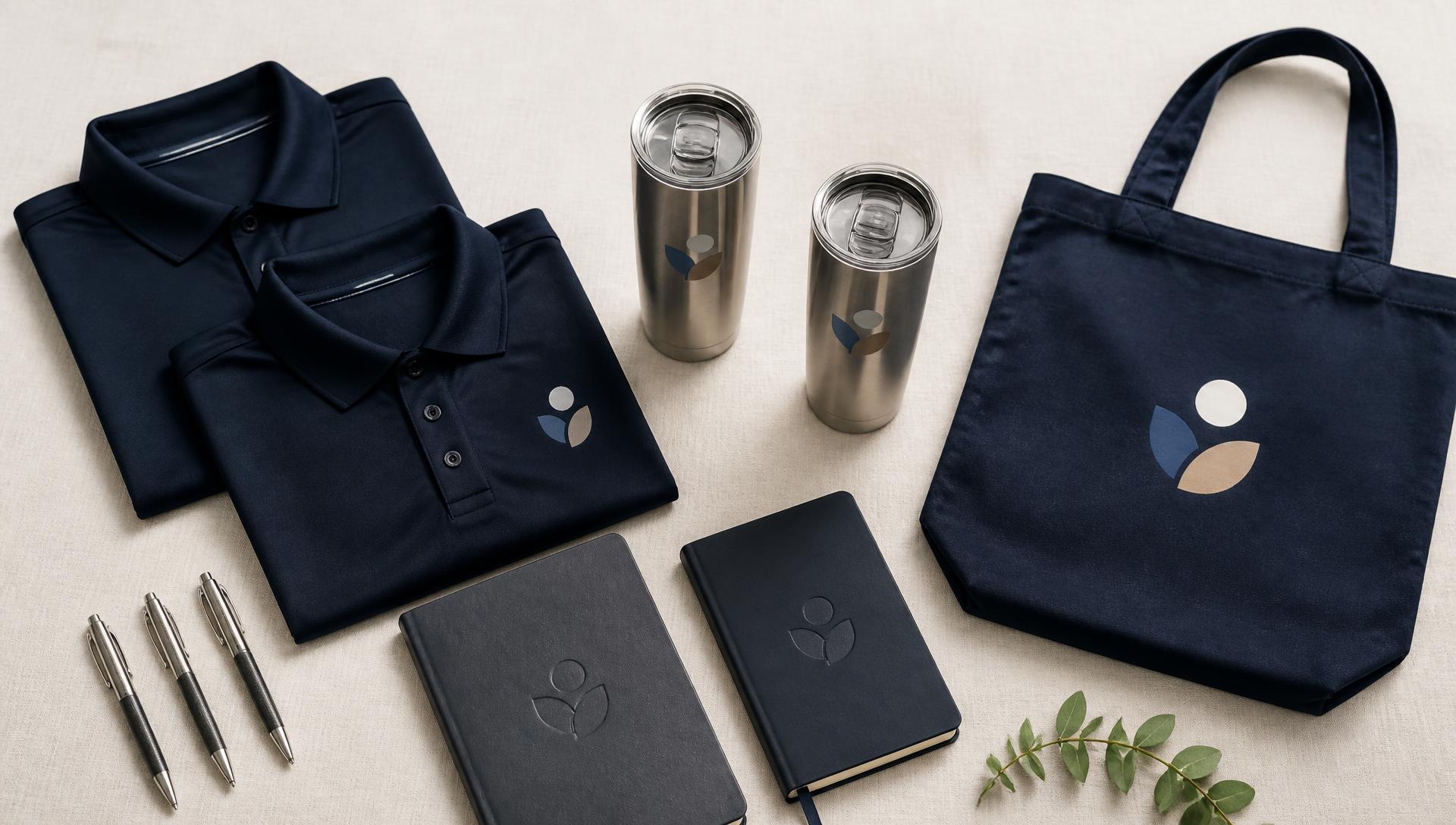 Branded promotional products arranged on a navy background