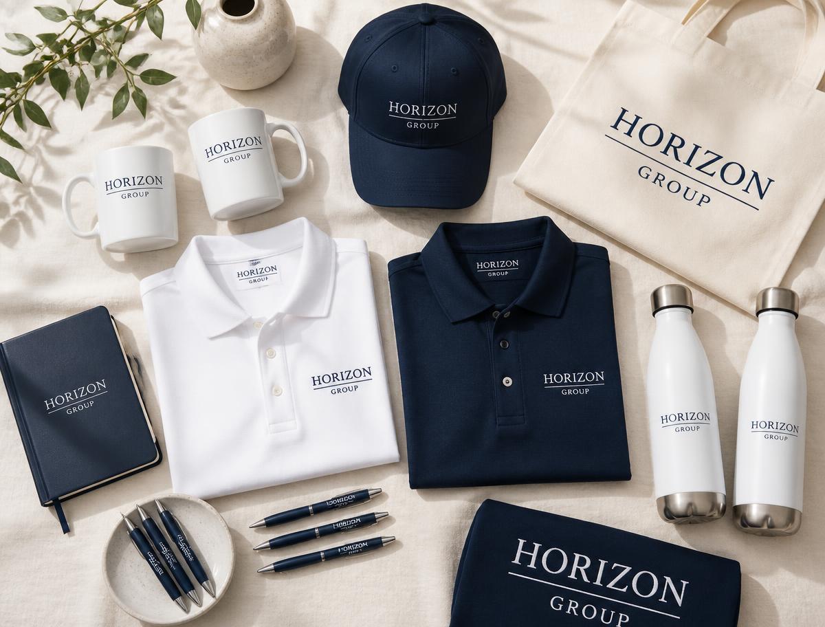 A selection of branded promotional products including apparel, drinkware, and bags